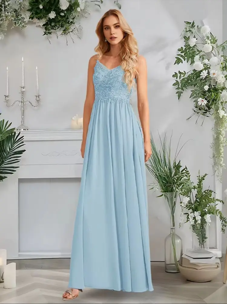 

KHGJ Women Dusty Blue A-Line V-Neck Floor-Length Lace Chiffon Bridesmaid Dresses With Ruffles Wedding Party Guest Women 2025​
