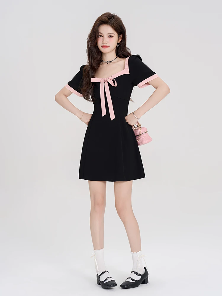 French Hepburn Style Lace-up Bow Square Collar Short Sleeve Dress Women's Summer High Waist Slim Fit A-line Elegant Black Dress