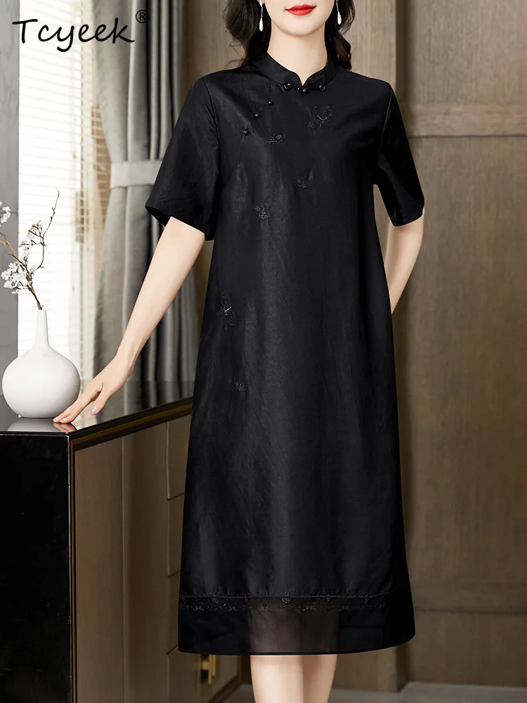 

Tcyeek, Watered Gauze Silk Elegant Dress, Women Short Sleeve Embroidery, Loose Chinese Dresses, 2024 Summer Autumn D46052QM