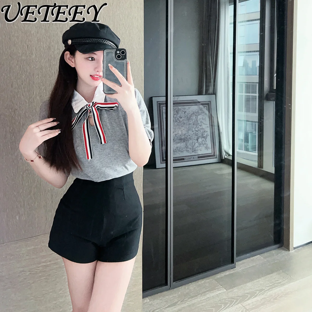 

2024 Summer New TB College Style Niche Fake Two-piece Bow Lake-up Knitted Short-sleeve T-shirt Women's Elastic Short Tshirt Top