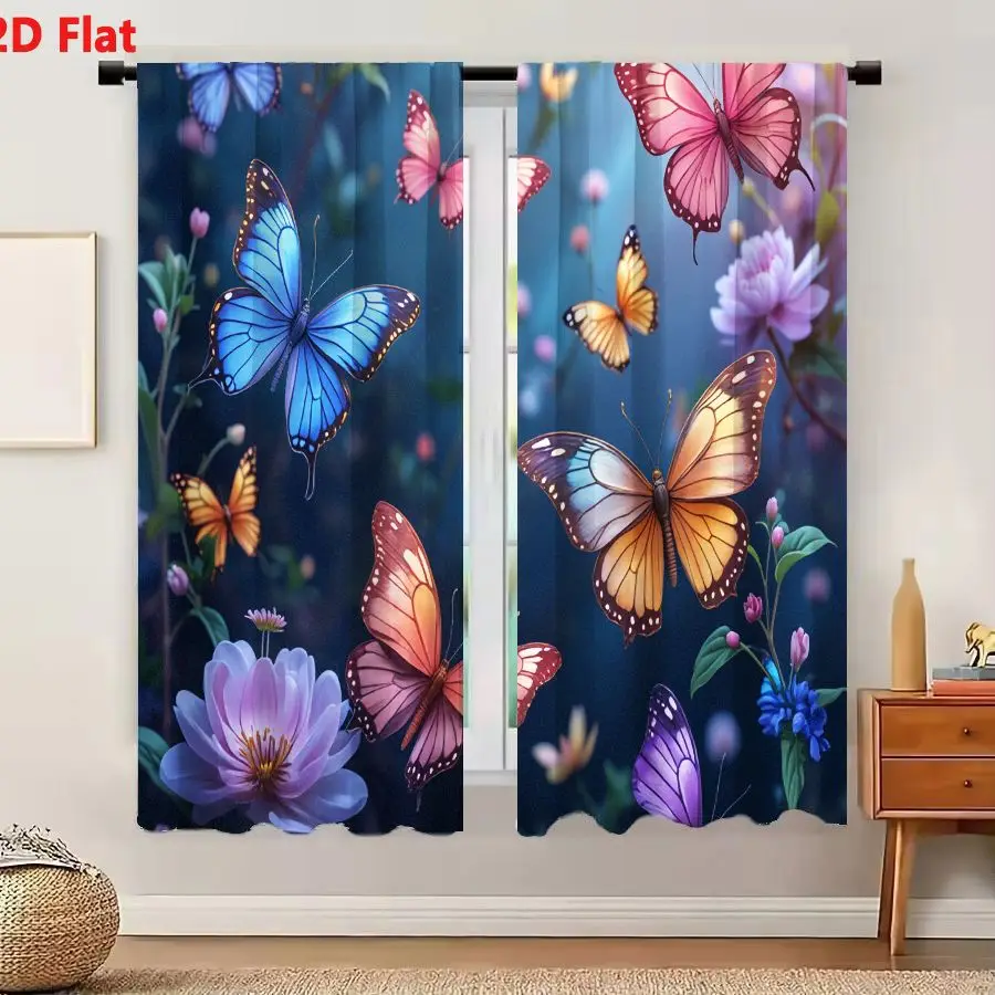 2Pcs Curtains 2D Flat Vibrant Whimsical Butterflies Fluttering Among Soft Flowers Dark Blue Gradient Ethereal Digital Illustrati