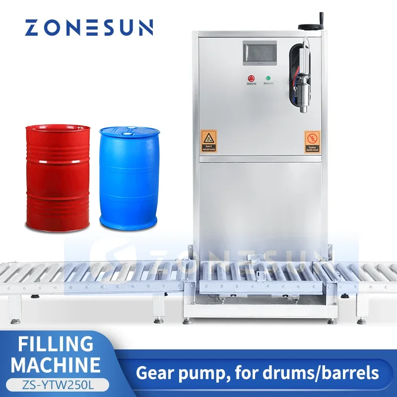 ZONESUN ZS-YTW250L Gear Pump Drum Filler Liquid Oil Rust Remover Chemicals Barrel Weigh Filling Machine Roller Conveyor