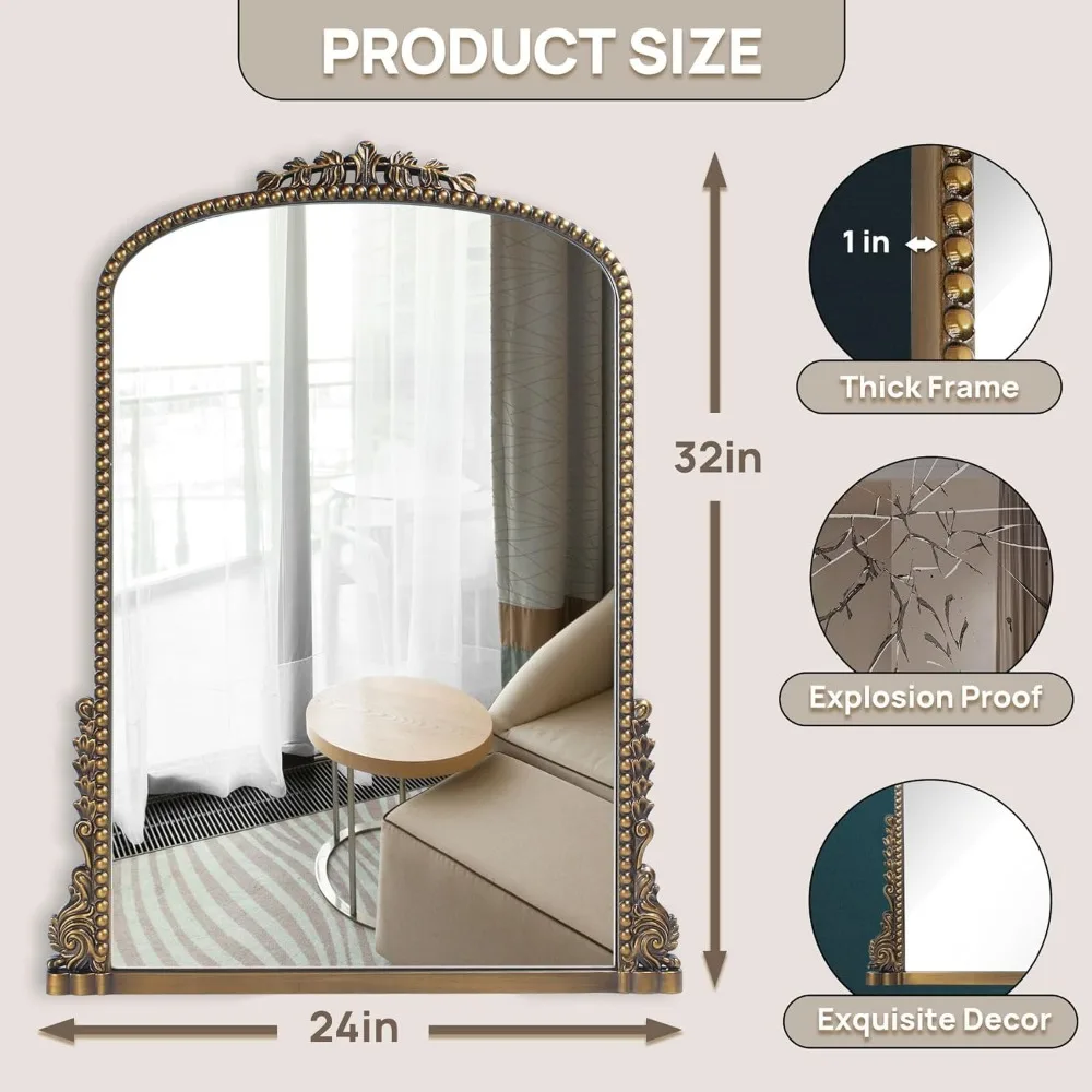 Elegant Baroque Style Arched Mirror with Antique Brass Frame, 24x32, Ideal for Entryways, Fireplaces, Living Rooms