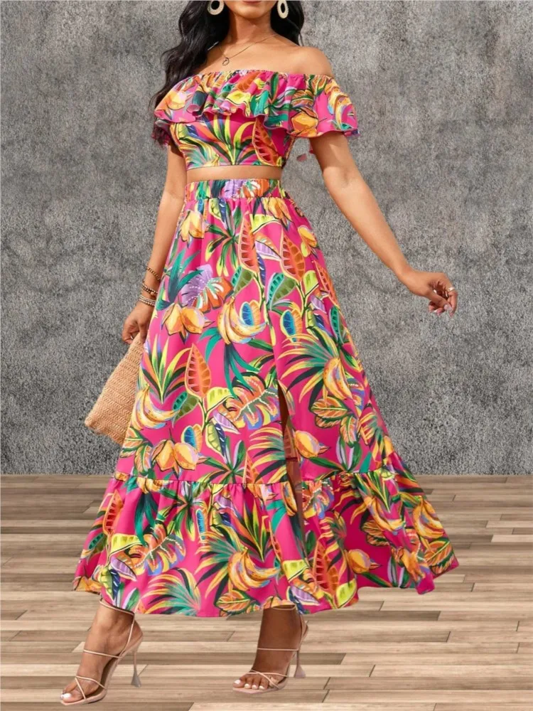 

New Slash Neck Print Woman 2 Piece Set Outfit Summer Fashion Elegant Casual Office Holiday Party Two Piece Outfits Woman