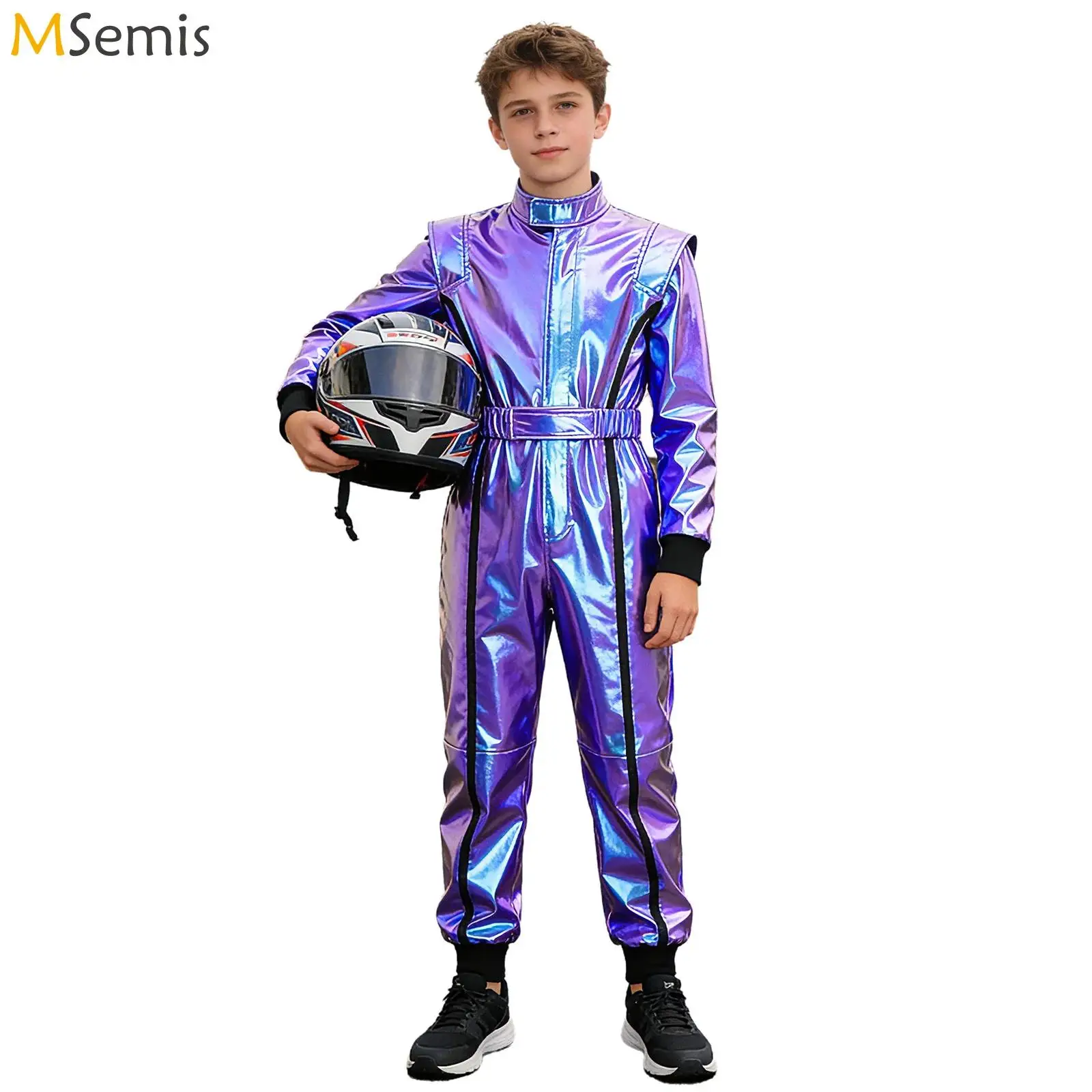 Boys Alien Robot Spacemen Astronaut Carnival Cosplay Costume Motorcycle Racing Jumpsuit Zipper Metallic Bodysuit with Belt