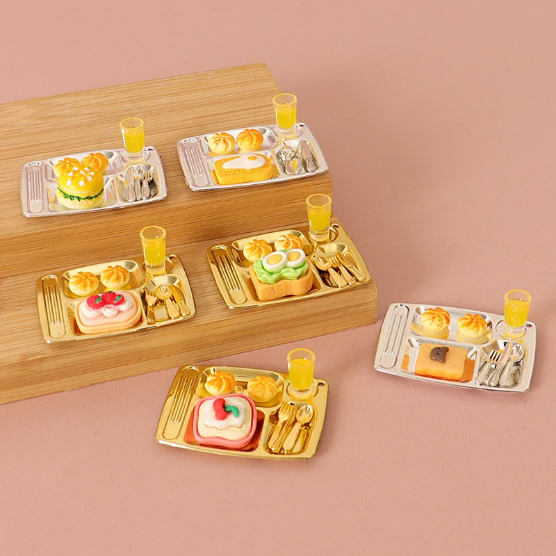 

1/12 Dollhouse Mini Bread Hamburger Juice Set Dollhouse Simulation Breakfast Food Decor Dolls House Kitchen Pretend Play Toys