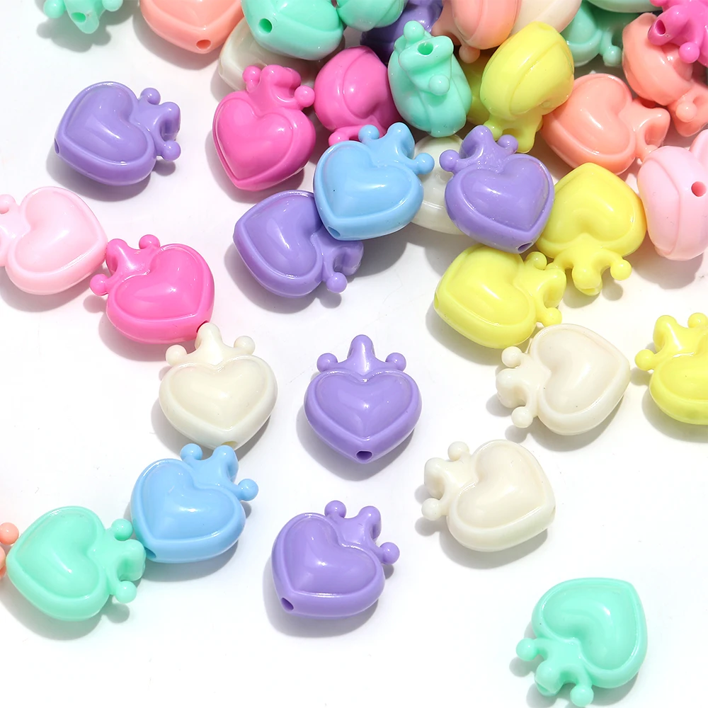 10pcs Heart-Shaped Crown Acrylic Beads Macaron Colors 21x24mm Loose Spaced Beads for DIY Jewelry Making Bracelets And Necklaces