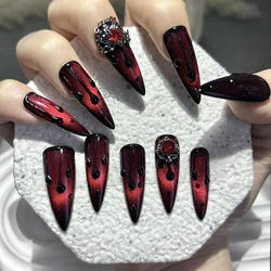 Dark Blood Red Spice Girls Press On Nails Handmade Red Cat Eye Blood Drops Vampire Red Diamonds Fake Nail Patches