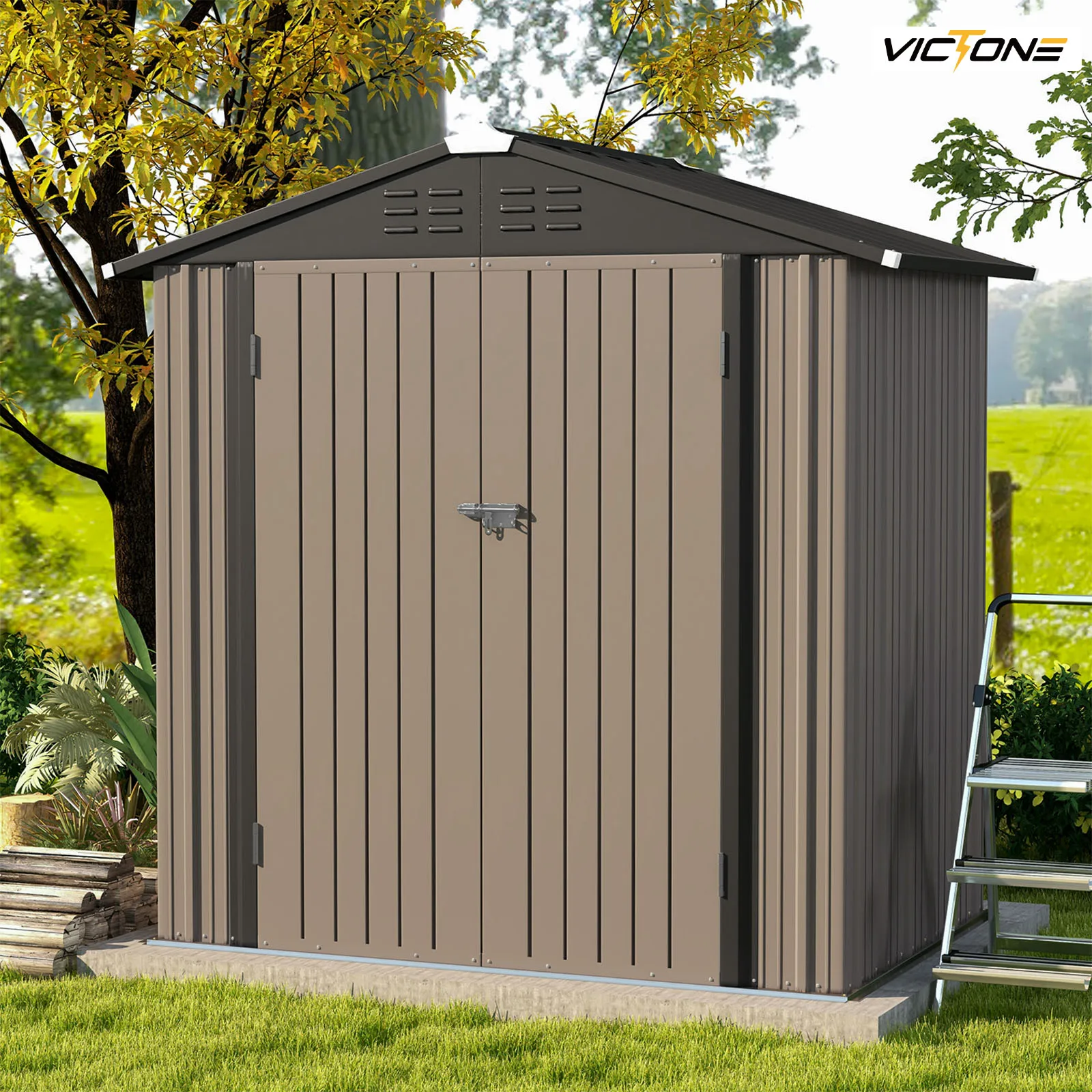 Victone 6' x 4' Metal Outdoor Storage Shed, Steel Utility Tool Shed Storage House with Door & Lock for Backyard Garden, Brown