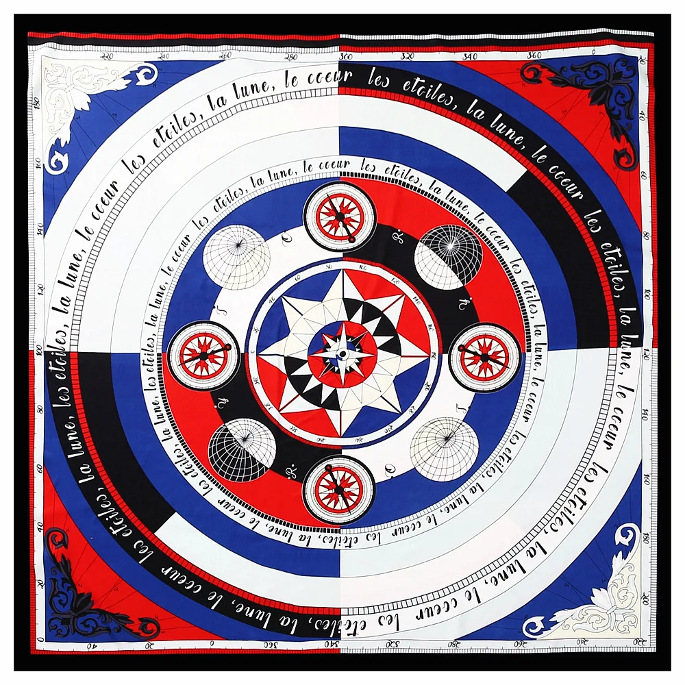 130CM Nautical Compass Compass Pattern Silk Scarf Women Scarves Wraps Large Bandana Kerchief Hijabs Lady Silk Foulards Shawl