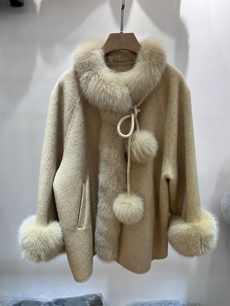 2025 Women Real Fur Coat Natural Fox Fur Collar Cuffs Cashmere Wool Woolen Jacket Outerwear Winter Ladies Cusual Outwear