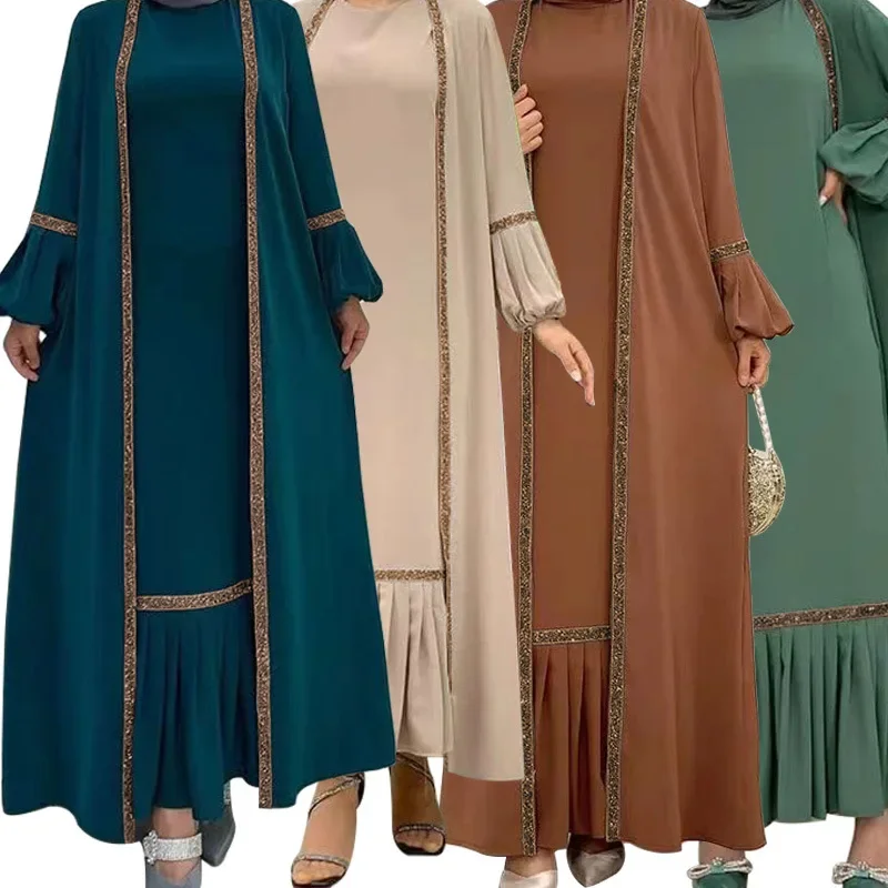 Eid Moslim Abaya Vrouwen Jurk 2-delige Set Gebed Marokko Caftan Ruche Abaya Toga Dubai Arabische Kimono Vest Gewaad Uitloper