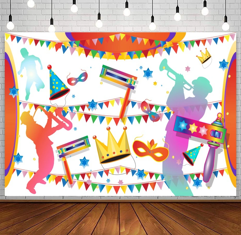 Happy Purim Backdrop Jewish Purim Carnival Party Tropical Fruit Bread Mask Baby Portrait Photography Background Photo Studio