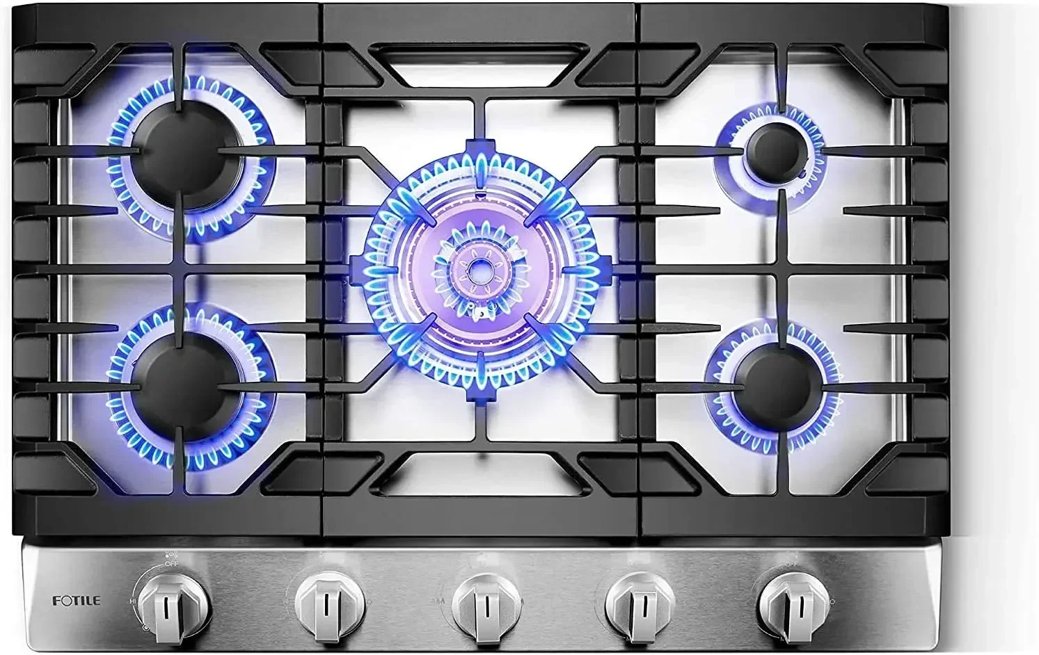 

FOTILE GLS30501 30” Stainless Steel 5-Burner Gas Cooktop, Tri-Ring 22,000 BTUs Center Burner with Flame Failure Protection