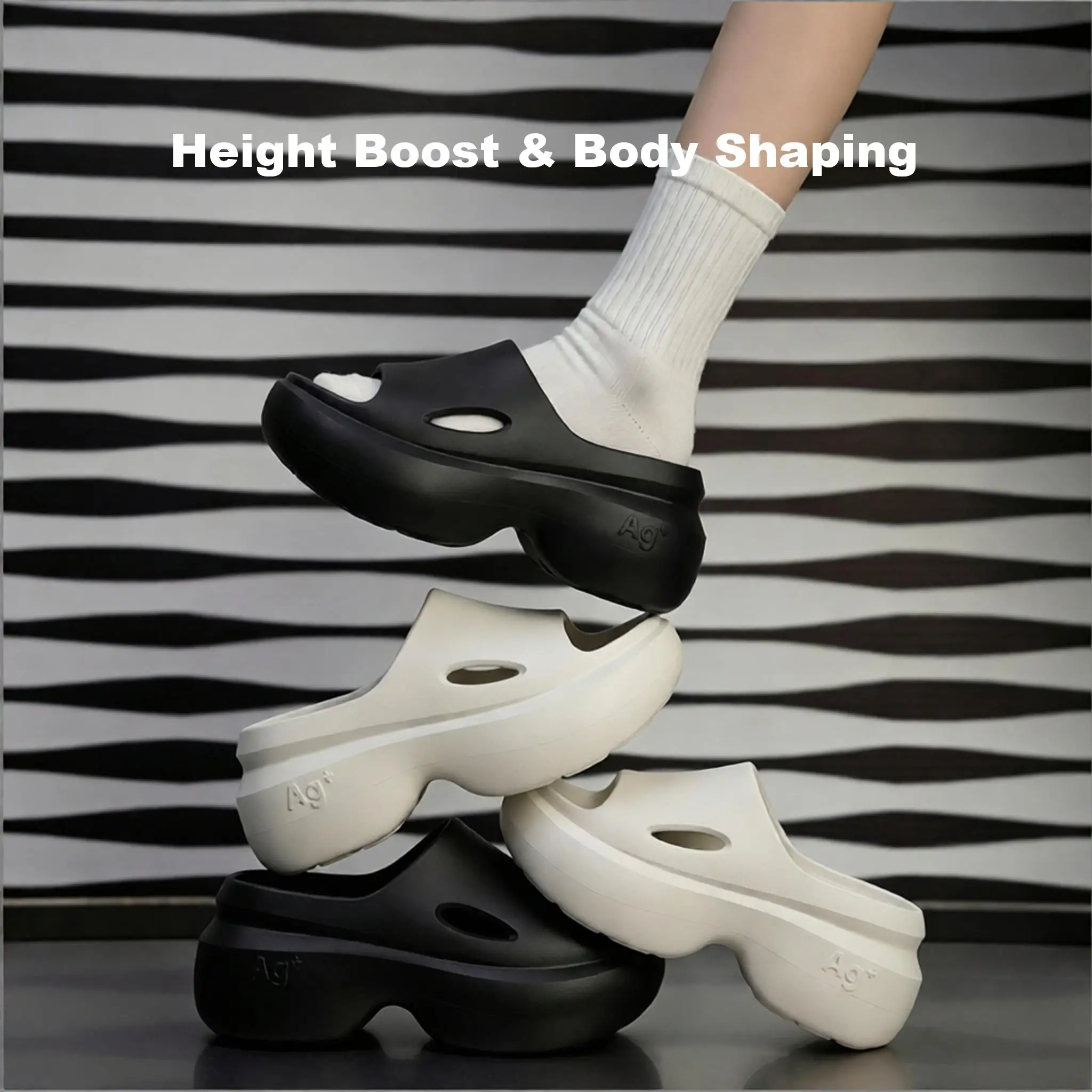 AG+ Silver Ion Antibacterial Cutout Platform Slide Sandals Height Increase Non-Slip Massage Sole Cloud Feel EVA Footwear