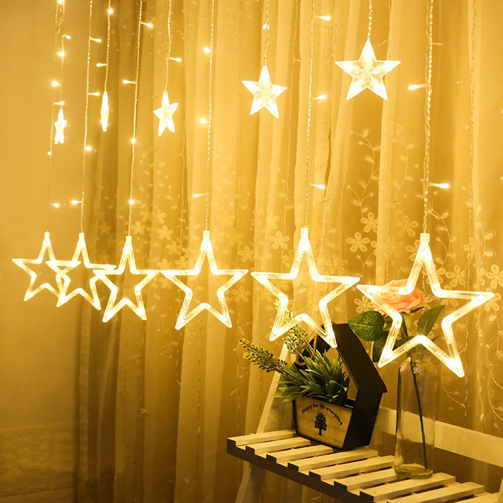 LED Stars Christmas Hanging Curtain Lights String Xmas Home Party Home Dec，138pcs mini led light &12 pcs star light