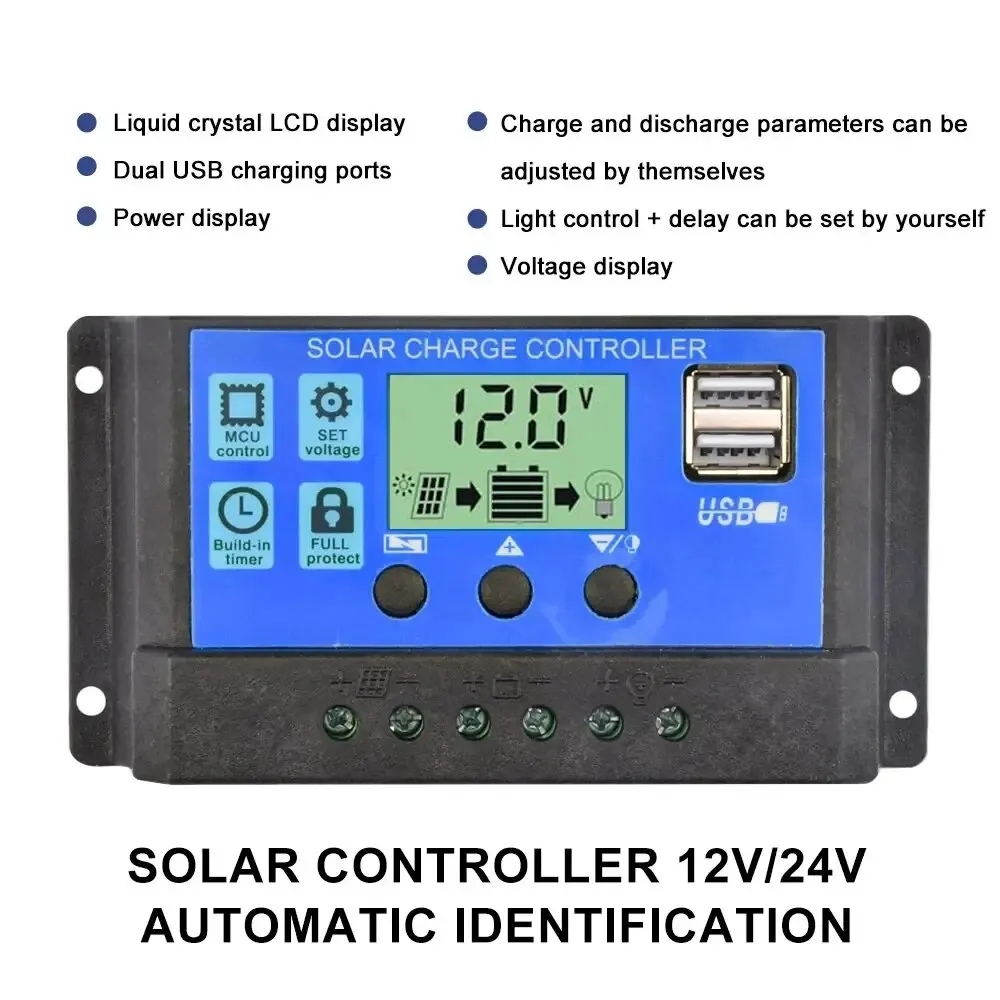 Solar Charge Controller 12V24V 30A/20A/10A Auto LCD Dual USB 5V Output Photovoltaic Solar Panel PV Regulator Load Discharger