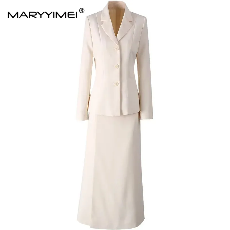 MARYYIMEI Women's Elegant office and Business Suit Long-Sleeved Single Breasted Tops+Straight Skirt Formal occasion 2 piece set