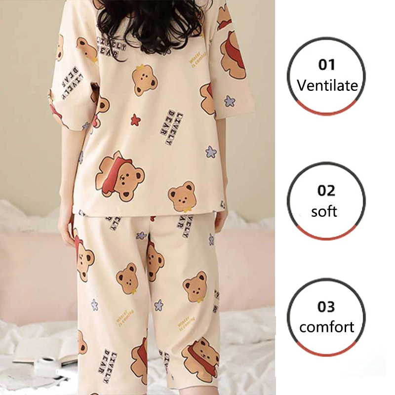 2 Pcs/set Women Short Sleeve 7 Pants Ladies Homewear Scarf Bear Short Sleeve Two Piece Autumn Ladies Pajama set School pajamas