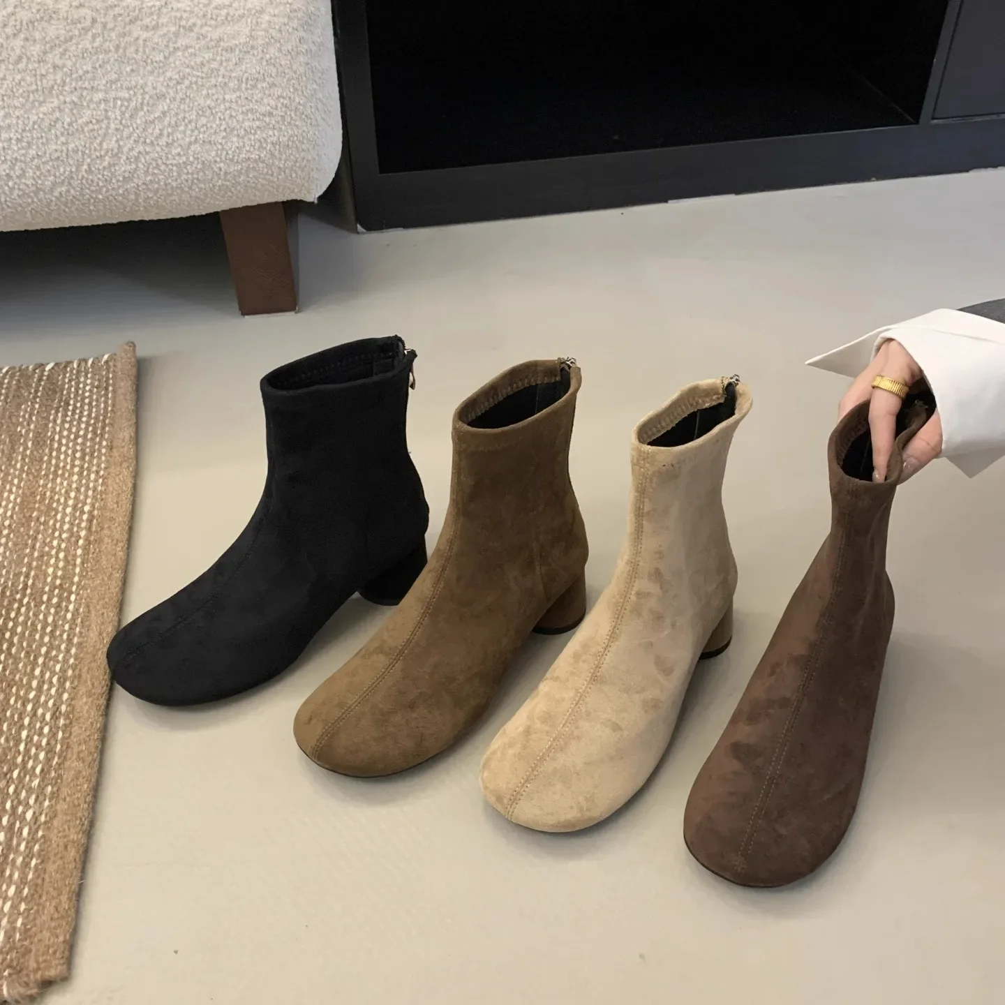 Women Ankle Short Boots Suede Chunky Fashion Mid Heels Shoes Winter Pumps New Trend Casual Cozy Woman Chelsea Botas Mujer