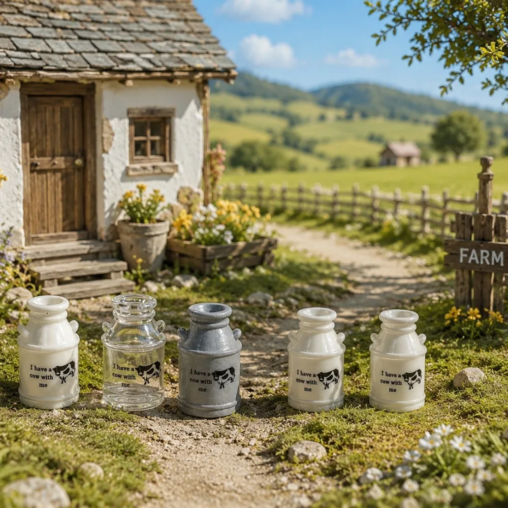 5pcs Random Retro Mini Milk Bottle Ornament Set, Vintage Farm Style Miniature Milk Jars with Cow Print Pattern