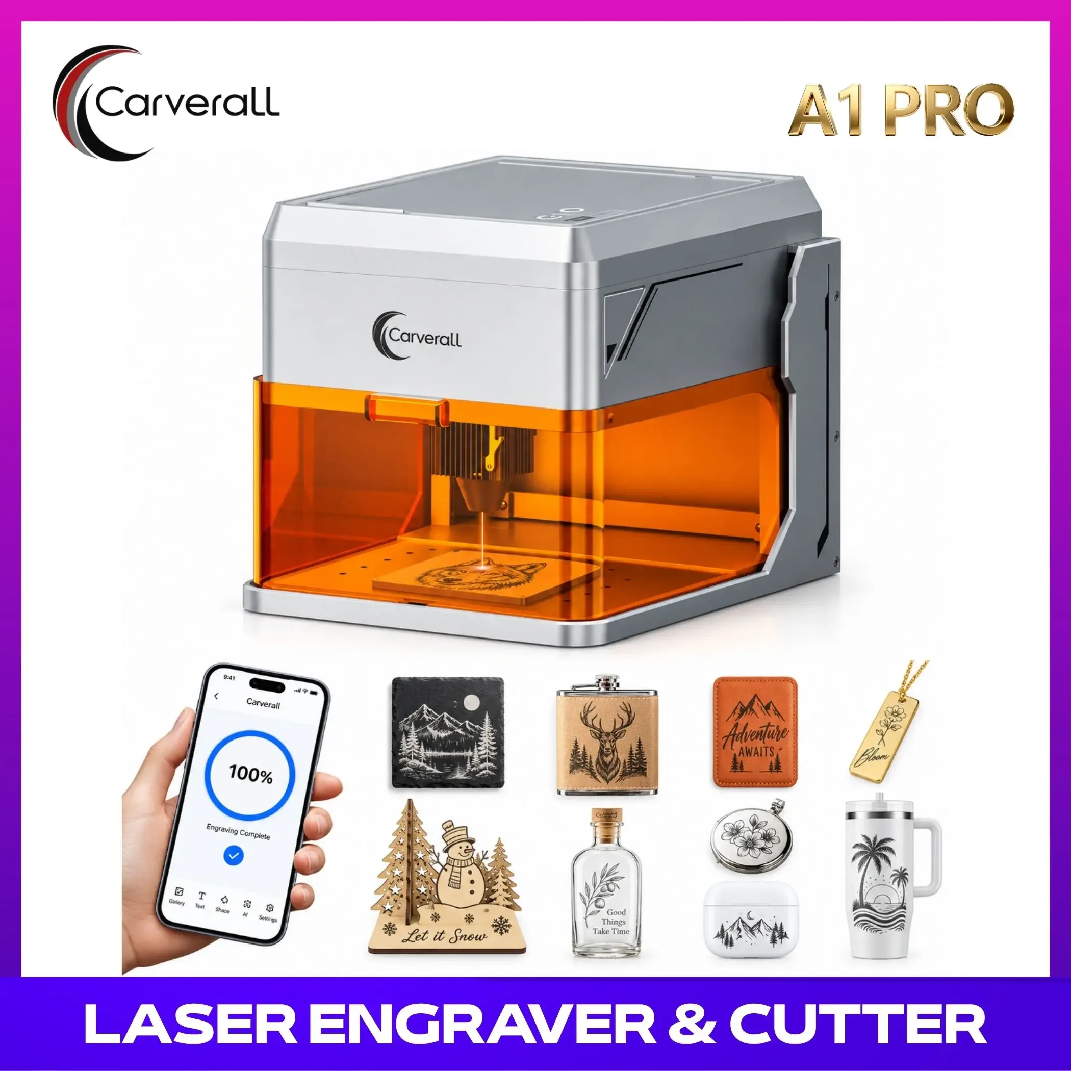 Carverall A1 Pro 10W Mini Laser Engraver with Camera, Portable Laser Engraver and Cutter Desktop Lazer Engraving Machine for Wood Leather Painted Metal Glass, Home DIY, Small Business, Class 1