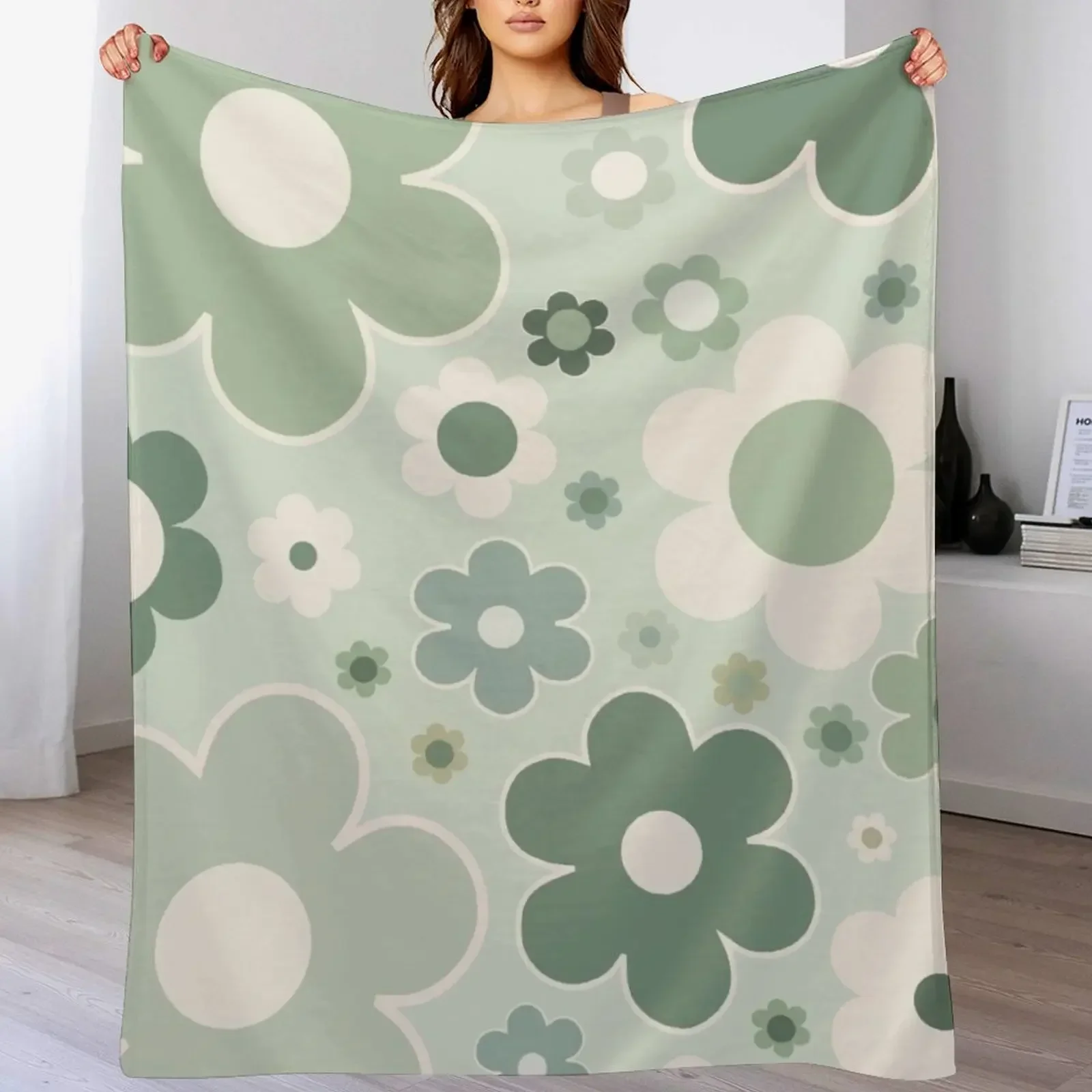 

Retro 70s Flowers Sage Green Floral Pattern Aesthetic Modern Flowers Throw Blanket for winter Plaid Large Thermal Blankets