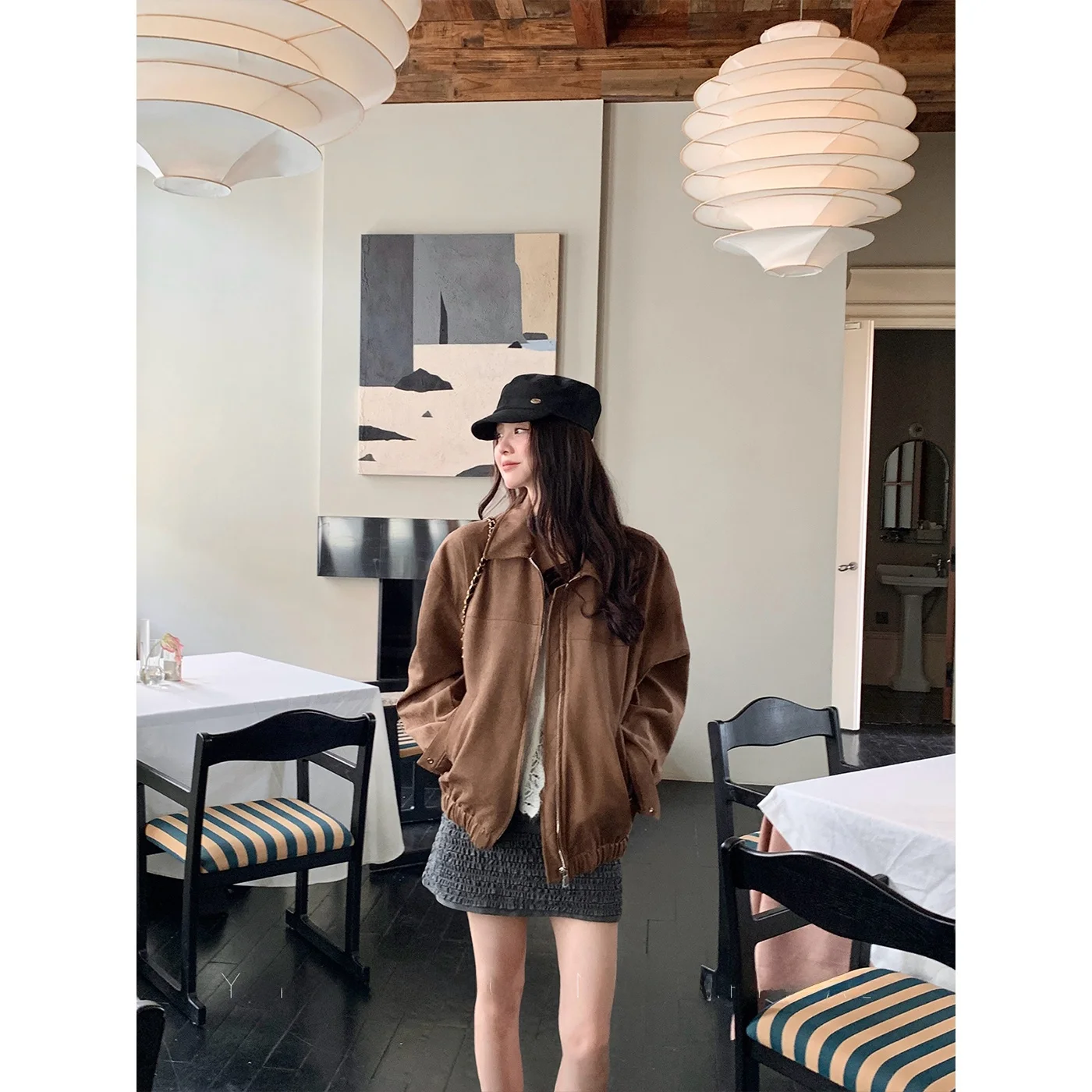 

Casual Style Women's Suede Jacket Lapel Short Coat Slimming Effect Daily Wear Pear Shaped Body Type Regular Sleeve Length
