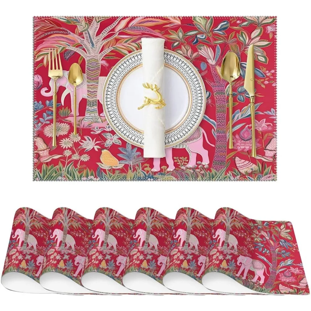 Chinoiserie Placemats Set Of 6 Pink Goa Primitive Flora And Fauna Elephant Resistant Oxford Cloth Place Mats Asian Rustic Table