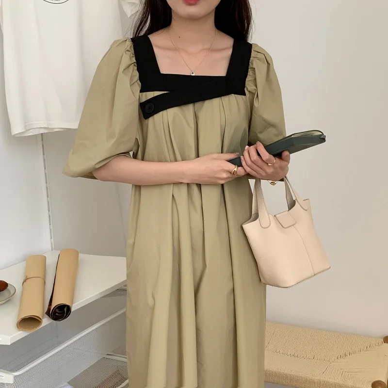 

Women's Summer Asymmetrical Square Collar Long Dress 2022 Female Short Sleeve Patchwork Straight Maxi Sundress Korea Style