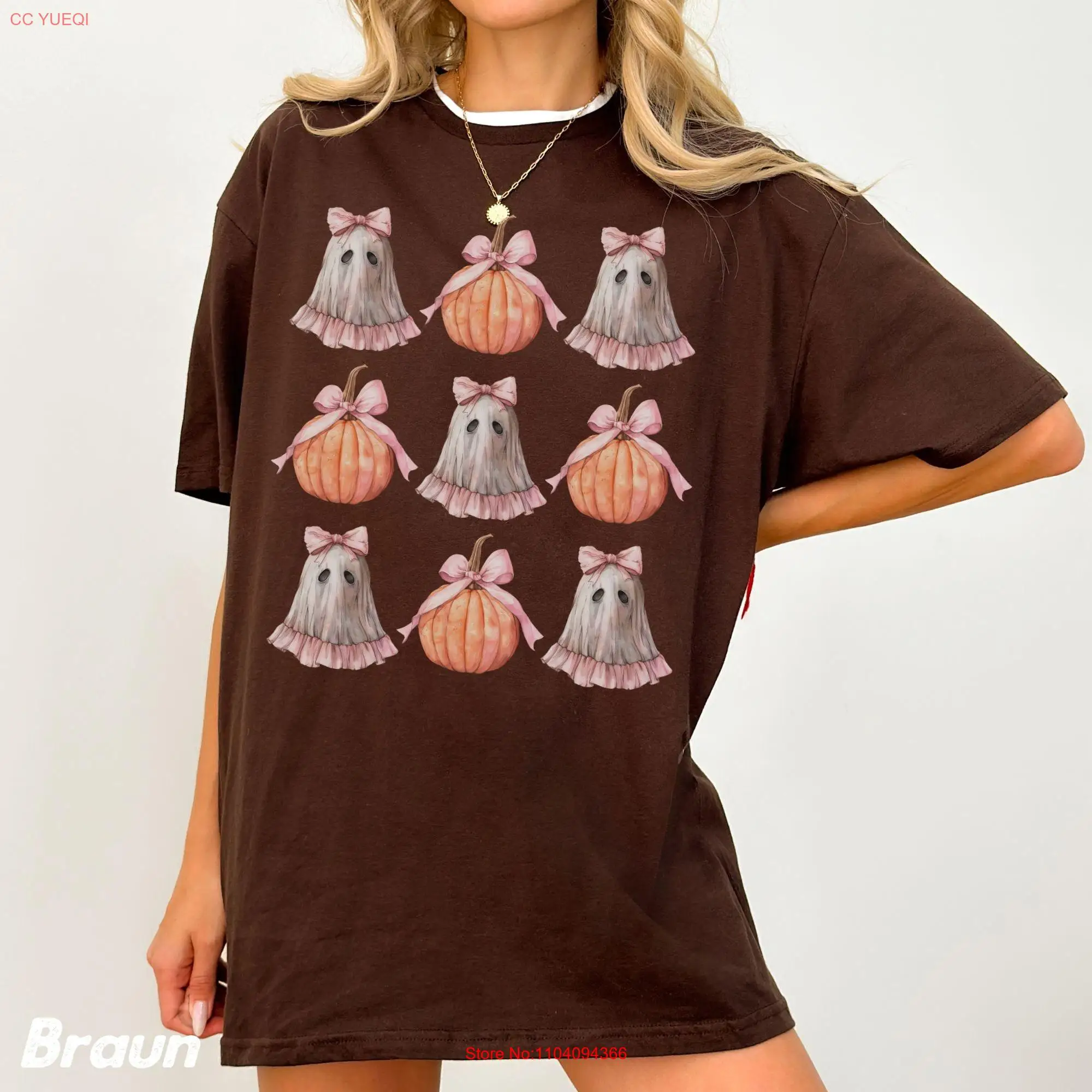 Flirty Halloween T Shirt Cute Ghost and Pumpkin with Bow Spooky Seasen Retro long or short sleeves