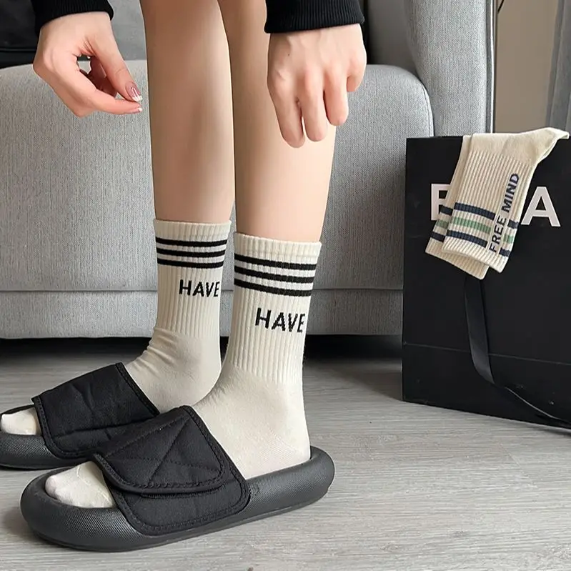 Socks For Women Cotton 2023 Spring New Fashion Letter Mixed-Color Korean Style Striped Socks Female Casual White Sports Socks