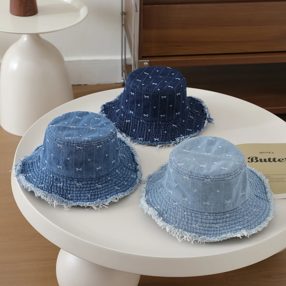Full-printed bow-shaped heart children's denim fisherman hat, washed and distressed fringed bucket hat for outdoor travel