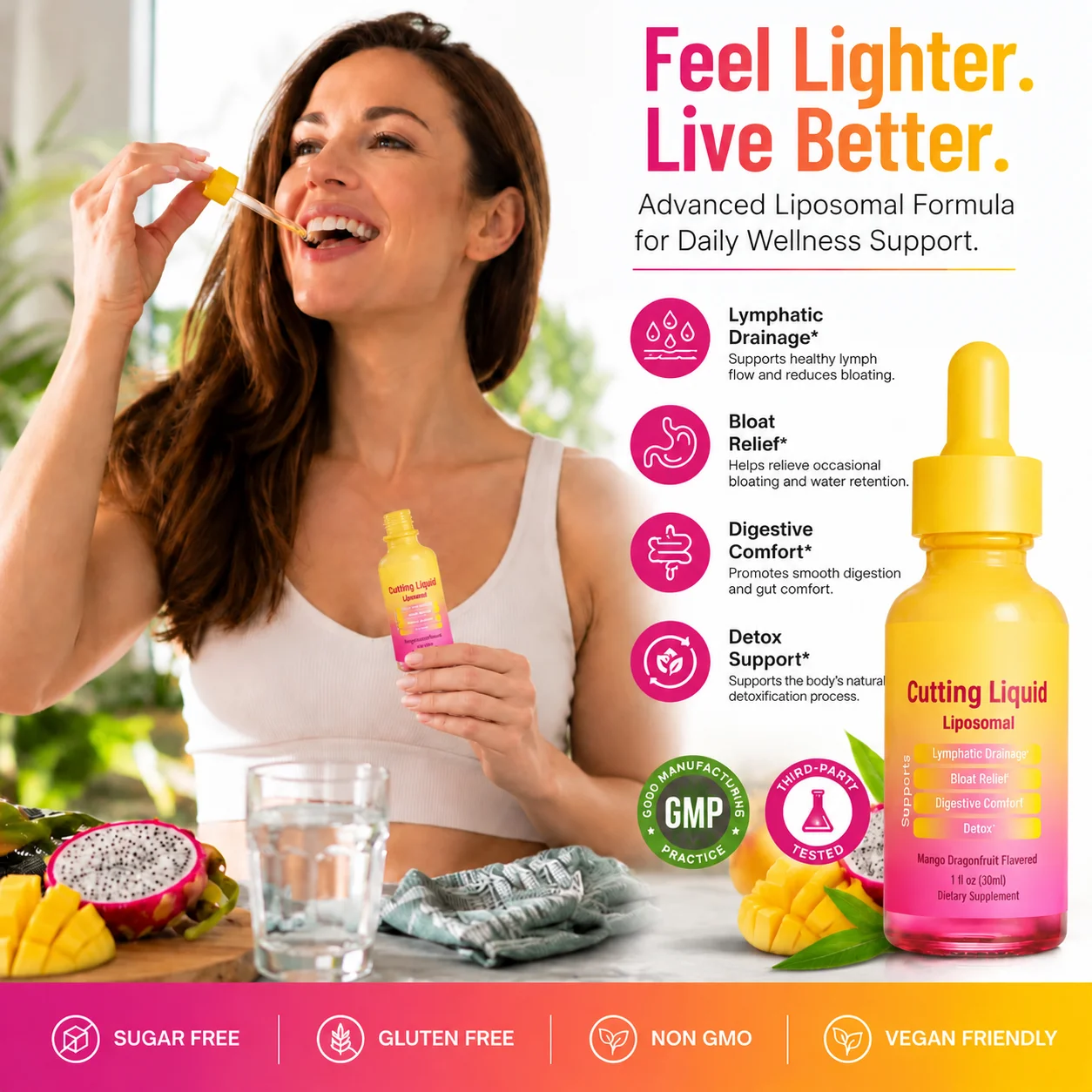 Cutting Drops Liposomal Detox Support - Lymphatic Drainage Drops for Bloat Relief, Metabolic & De-Puff Support - 60 Servings