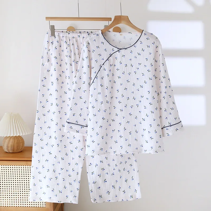 

Lace Design Round Neck Cotton Double-layer Gauze Pajama Set for Women's Four Seasons Thin Long Sleeved Pants Cardigan Clothes