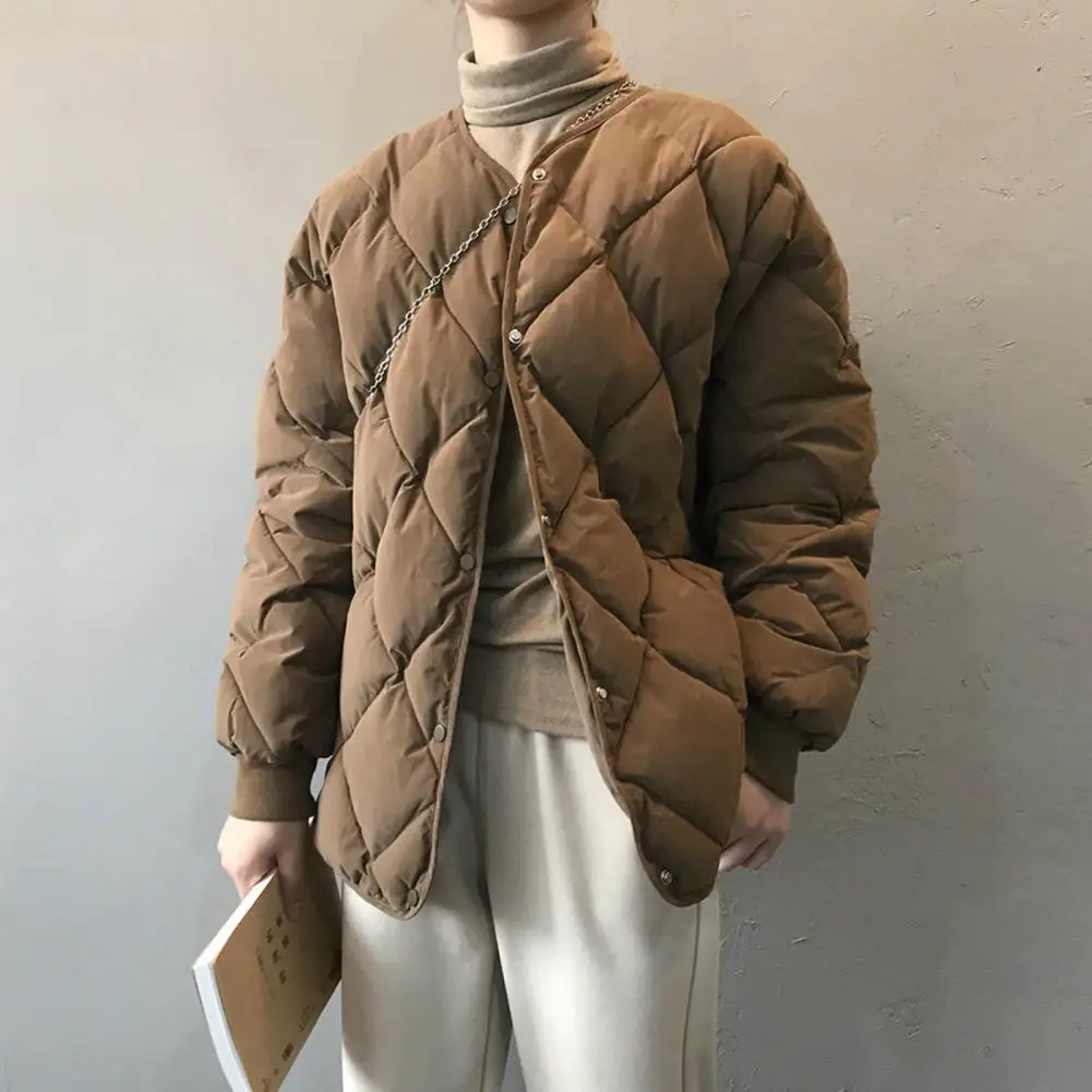 Veste matelassurera à col en V pour femme, manteau en coton, poches boutonnées, cardigan mince, optique, coréen élégant, automne, hiver