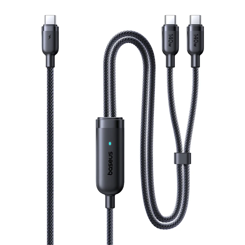 Kabel Baseus 140W 2w1 do szybkiego ładowania i transmisji danych PD3.1 QC PPS USB C na podwójny Type-C do laptopa, tabletu, Samsunga, iPhone'a 17 16 — zdjęcie produktu 7