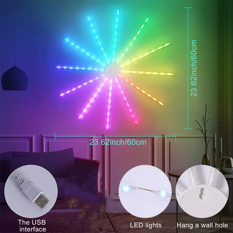 Lámparas de fuegos artificiales colgantes con forma de ventilador USB, guirnalda de luces de Navidad con control remoto RGB, decoración de fiesta de boda, 96LED, novedad