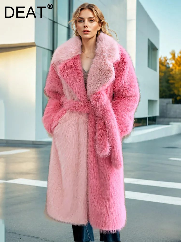 DEAT Fashion Women\'s Faux Fur Coat Lapel Loose Contrast Color Sashes Long Sleeve Thick Warm Jackets Winter 2024 New 7AB4940