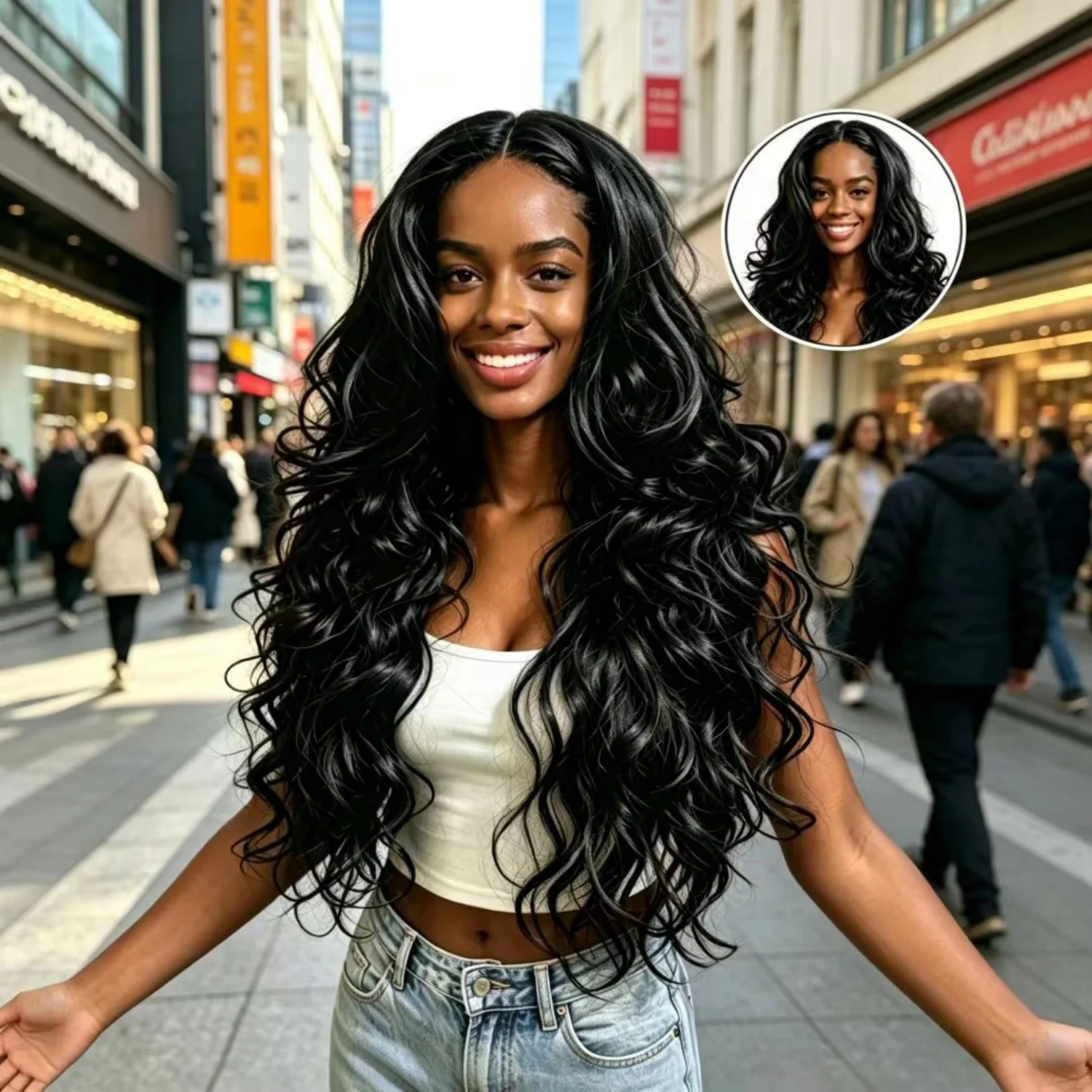 Body Wave Wig 24 Inch 1B Natural Black High Density Heat Resistant Synthetic Wig For Women