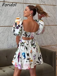 Foridol Graffiti kwiat wydruku Backless Boho biały bufiaste rękawy letnie kobiety Vestido sukienka seksowna letnia sukienka imprezowa plaża Mini sukienka