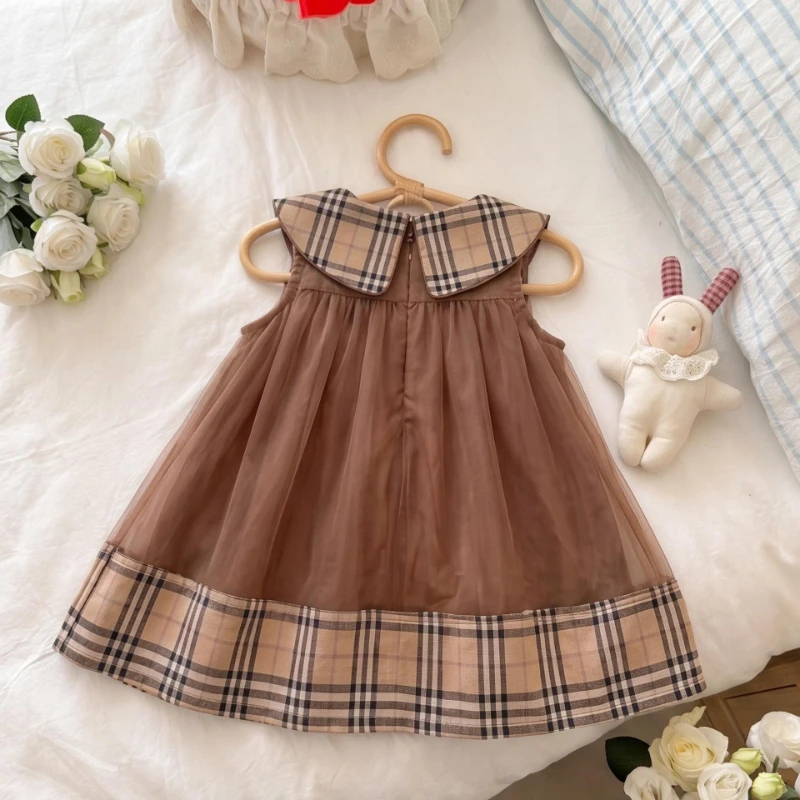 Summer Hot Sale 2026 New Children's Plaid Doll Collar Lace up Color Blocked Sleeveless Princess Dress