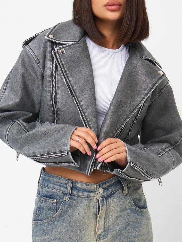 Ailegogo New Spring Autumn Women Short Pu Faux leather Jacket Vintage Female Zipper Grey Coat Moto Biker Streetwear Outwear