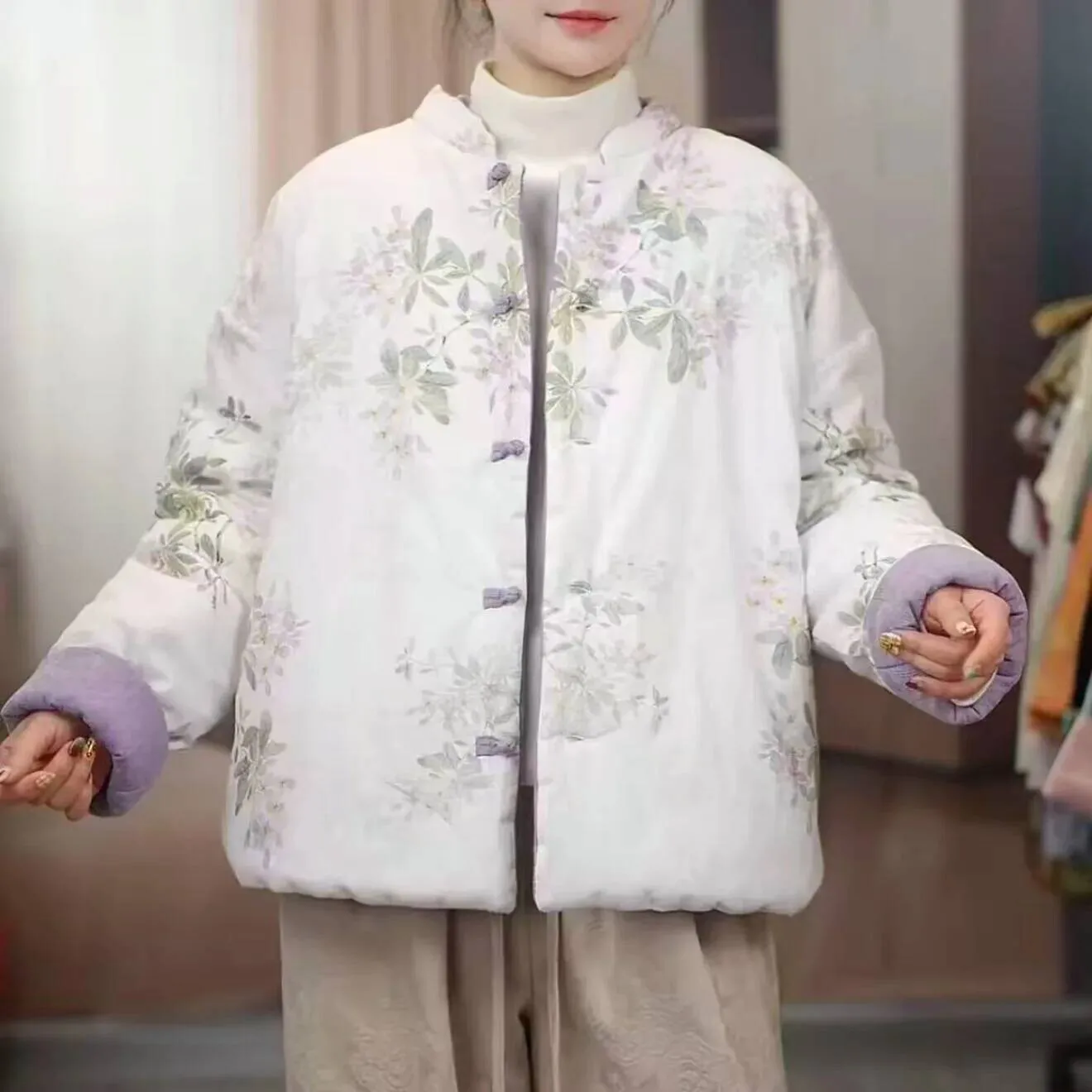 Nuova giacca spessa stile cinese da donna manica lunga colletto con spalle scoperte stand up vestiti di cotone double face...