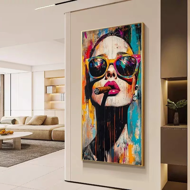 Woman Smoke Cigar Poster Prints Abstract Colorful Graffiti Portrait Canvas Painting Wall Art Picture for Living Room Home Decor