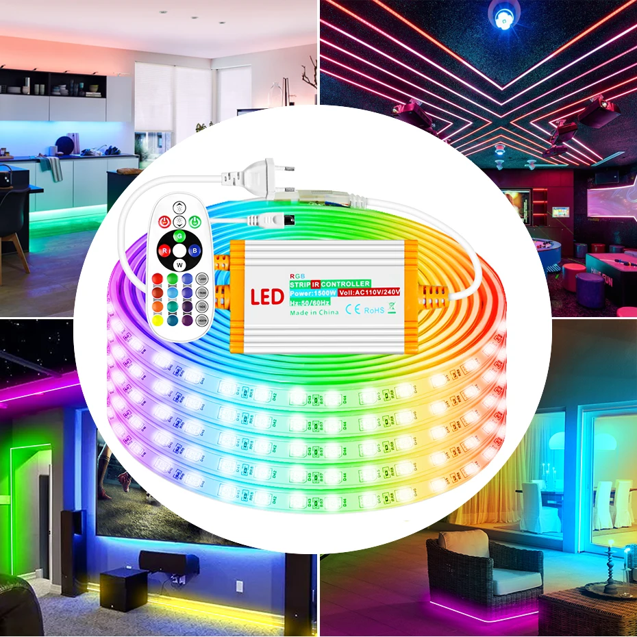 220V EU Led Strip Light RGB 4Pin 5050 Super Bright Flexible Tape IP68 Waterproof 1-100M 60LEDs/M with 1500W IR Remote Control