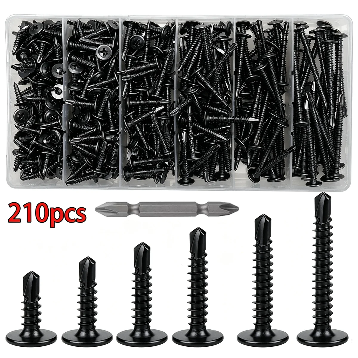 210-Piece #8 Self-Drilling Screw Set, 4.2mm Large Flange Head Screws with Screwdriver Bits, Suitable for Sheet Metal