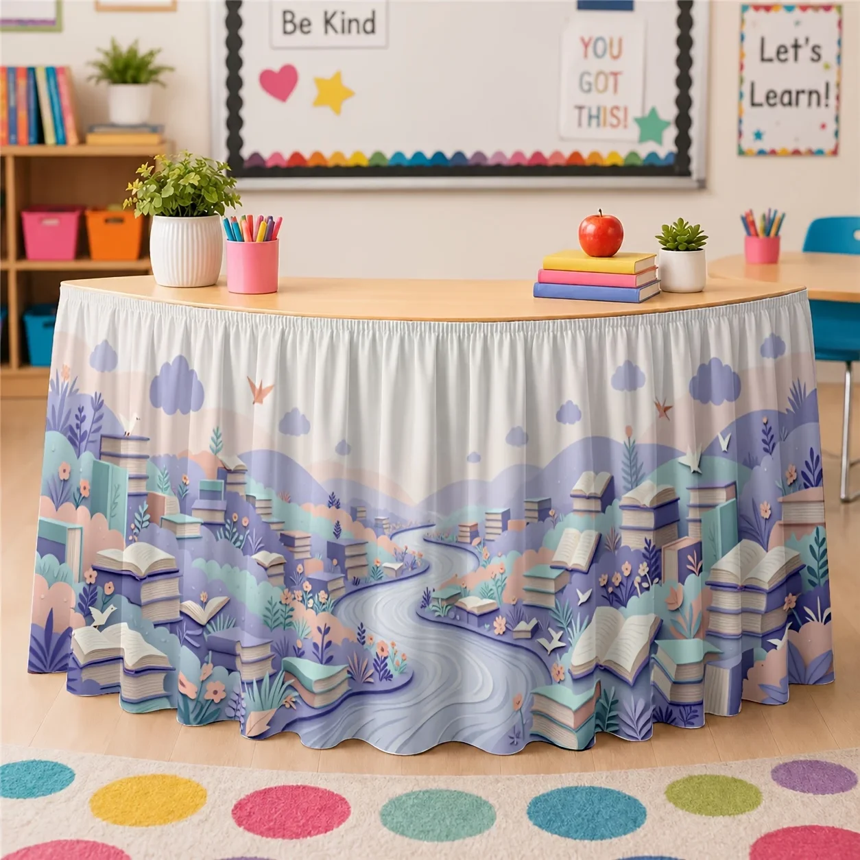 One table skirt book with a scenic print of the view, made of polyester, with an imaginative and dreamy pastel color.