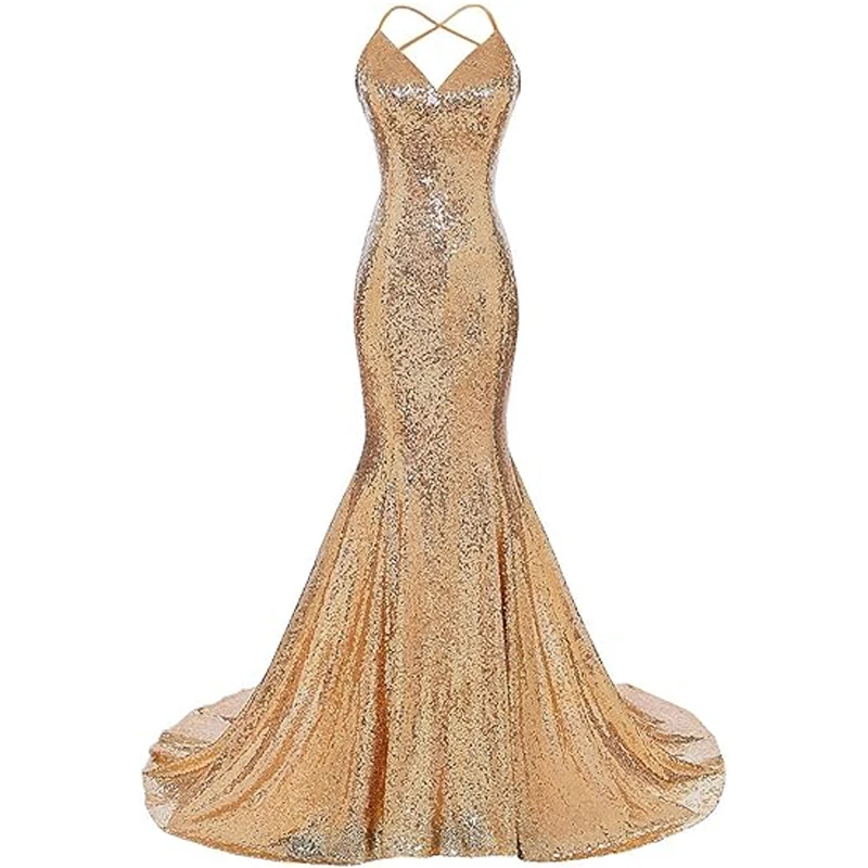 

Gold Women V Neck Mermaid Prom Dress Sequits Spaghetti Straps Formal Evening Dress Sexy Long Vestido Real Photo Robe Longue