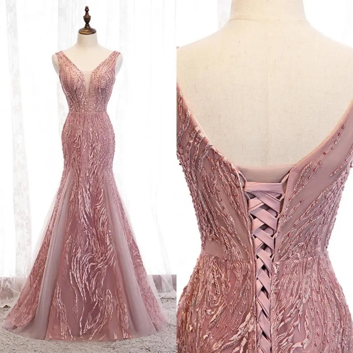 

Evening Dress Pink Lace Tulle Beading V-neck Sleeveless Lace up Mermaid Trumpet Floor Length Plus size Women Party Formal Gown